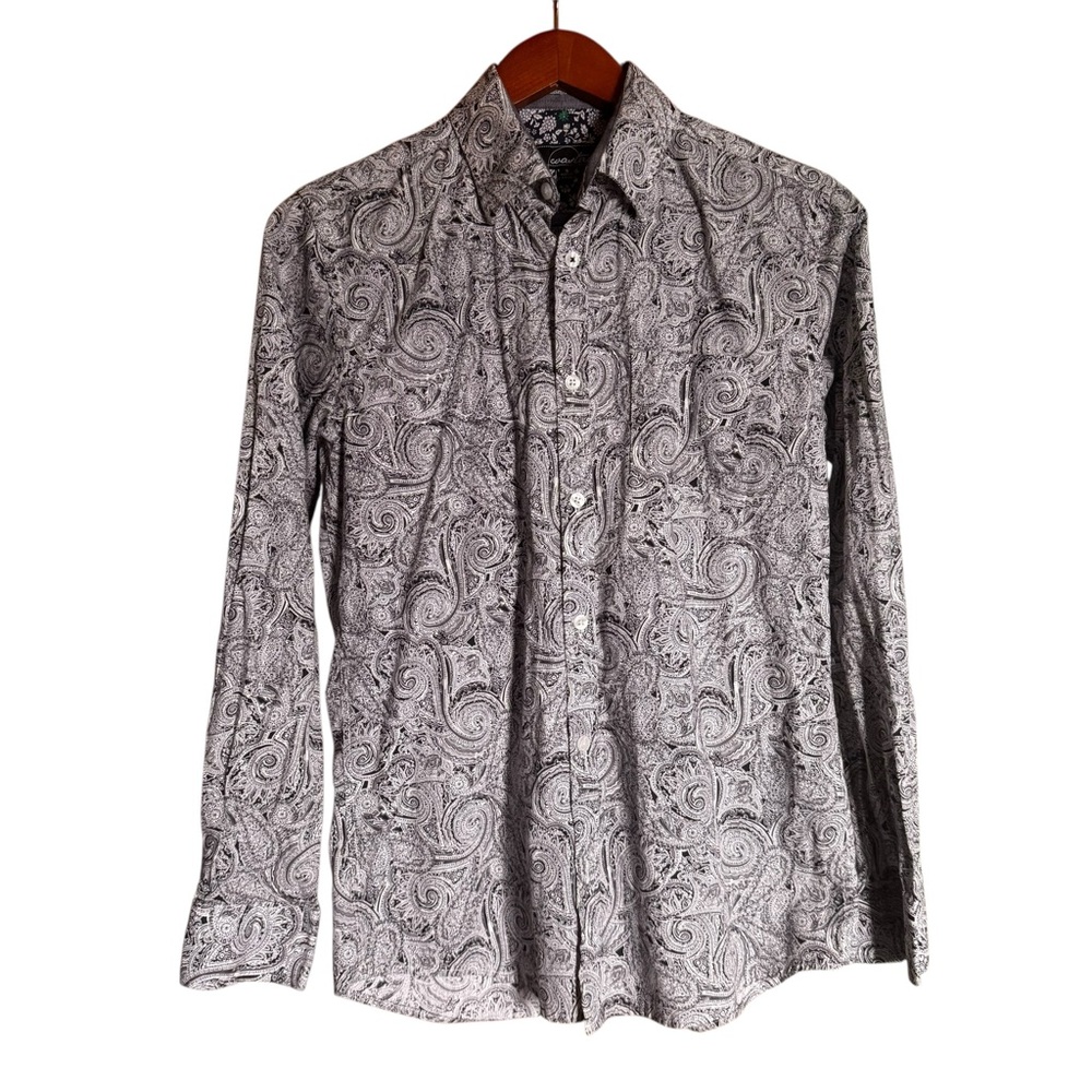 Men's Paisley Gray Shirt Coastal 100% cotton, Gray White Button-Up Long Sleeve